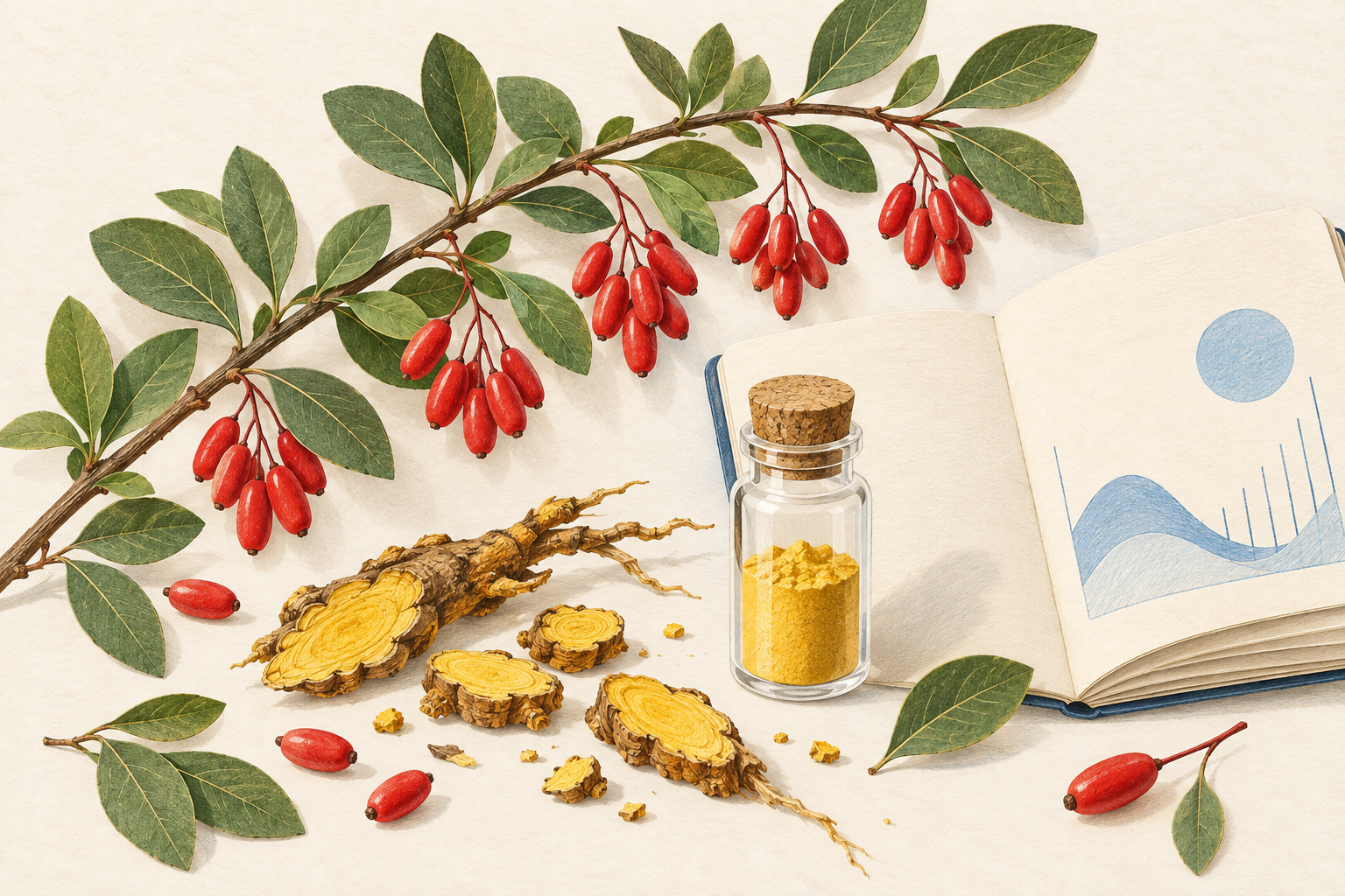 Illustration im Scherenschnittstil mit Berberitze, goldfarbenen Wurzeln, Laborfläschchen und Forschungsnotizbuch.