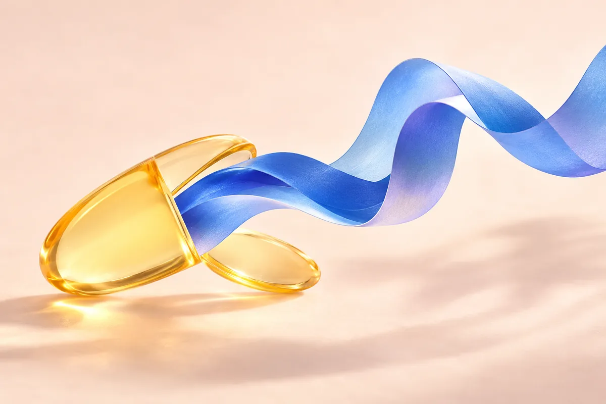 Eine goldene Kapsel öffnet sich um ein fließendes blaues Band.