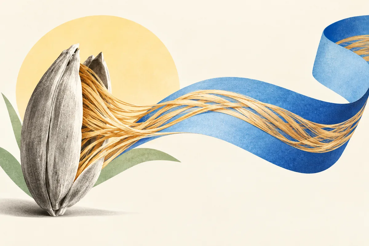 Redaktionelle Illustration: Ein Haferkorn öffnet sich zu goldenen Fasern und einem blauen Band.