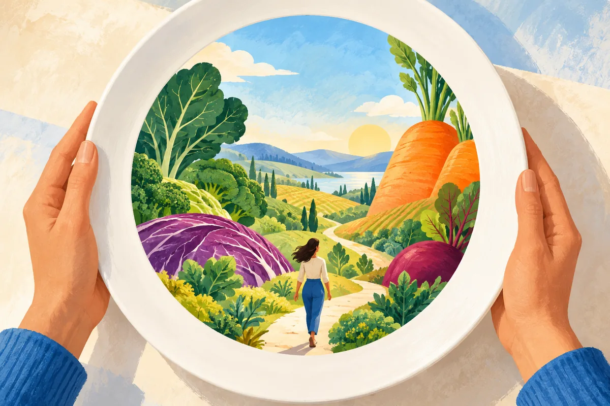 Illustrierter Teller mit Blick auf eine sonnige Landschaft aus Blattgemüse und Karotten.