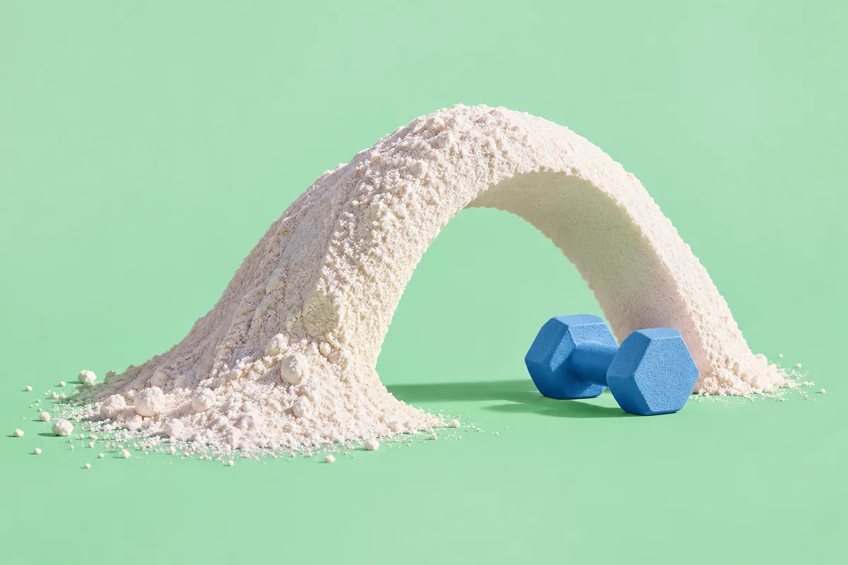 Ein Bogen aus weißem Pulver neben einer kleinen blauen Hantel auf Mintgrün.