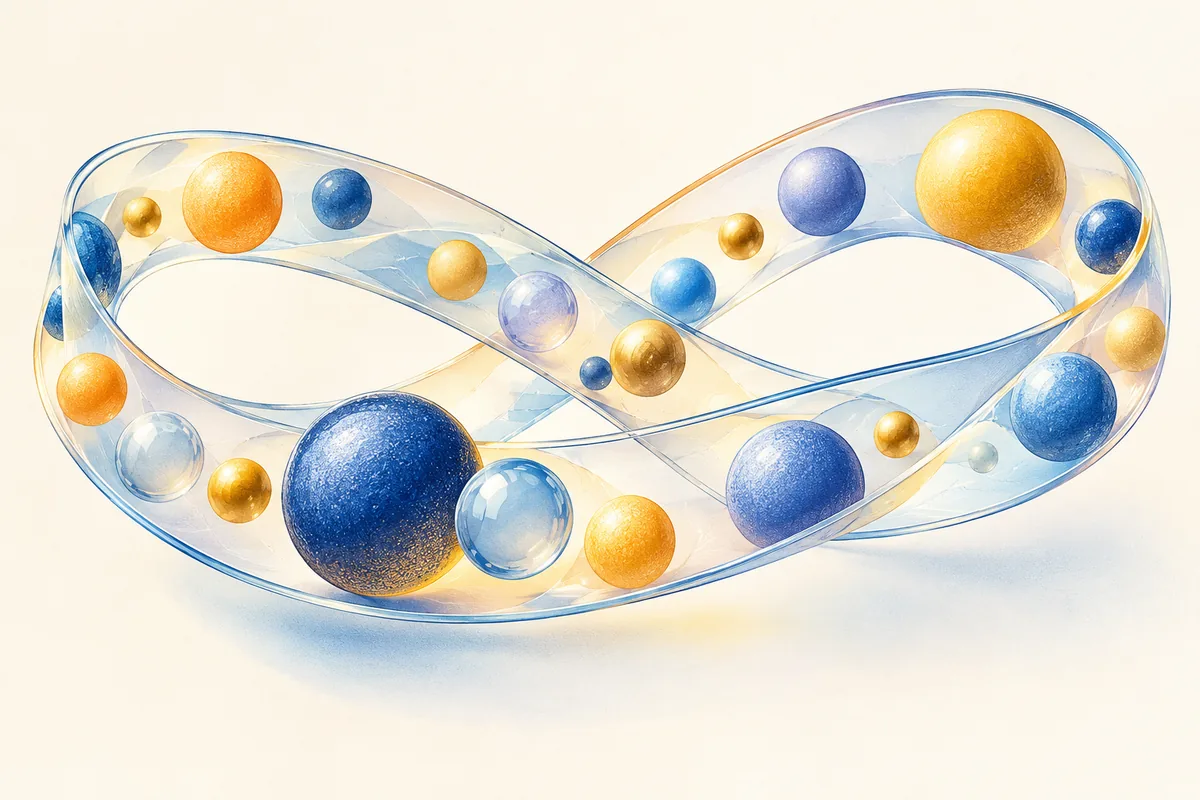 Blaue und goldene Kugeln schweben in einem transparenten Band in Schleifenform.