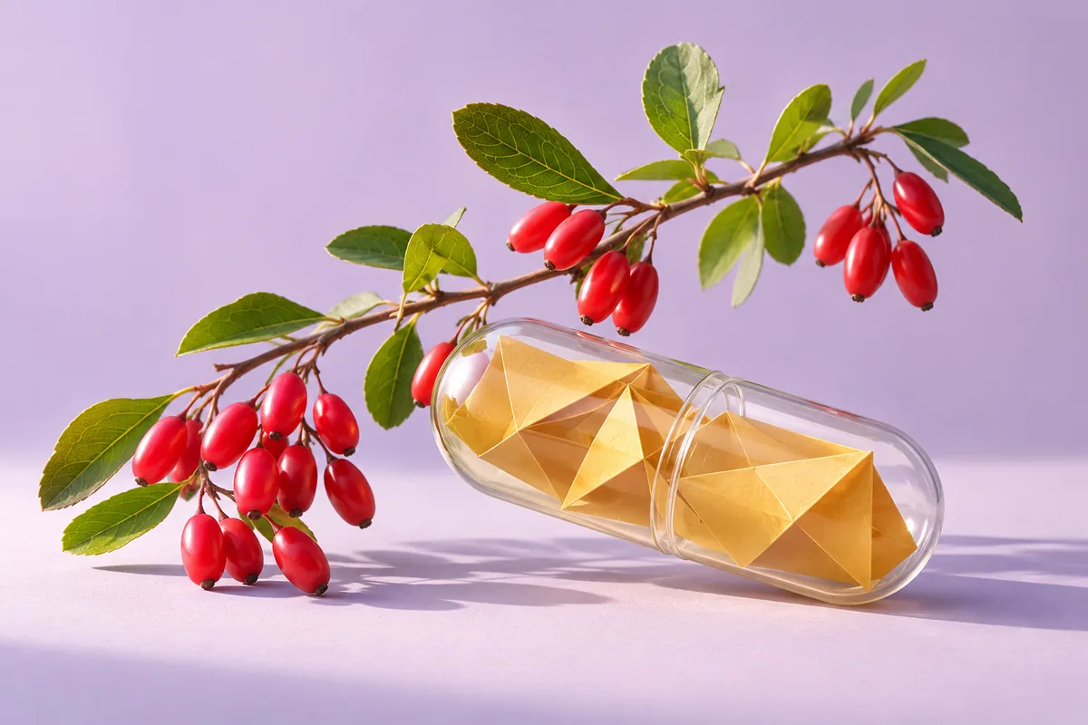 Ein Zweig mit roten Beeren liegt neben einer transparenten Kapsel mit goldenen Papierfalten.